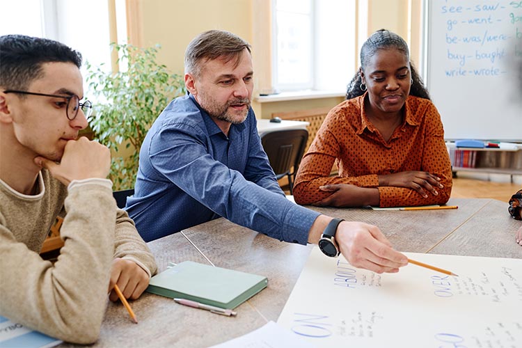 

  
      Students and teacher at a table learning from a poster
  
